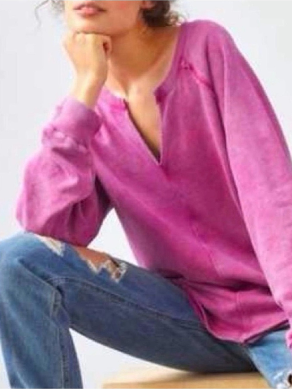 Pilcro Notch-Neck Sweatshirt from Anthropologie in a berry pink wash, featuring